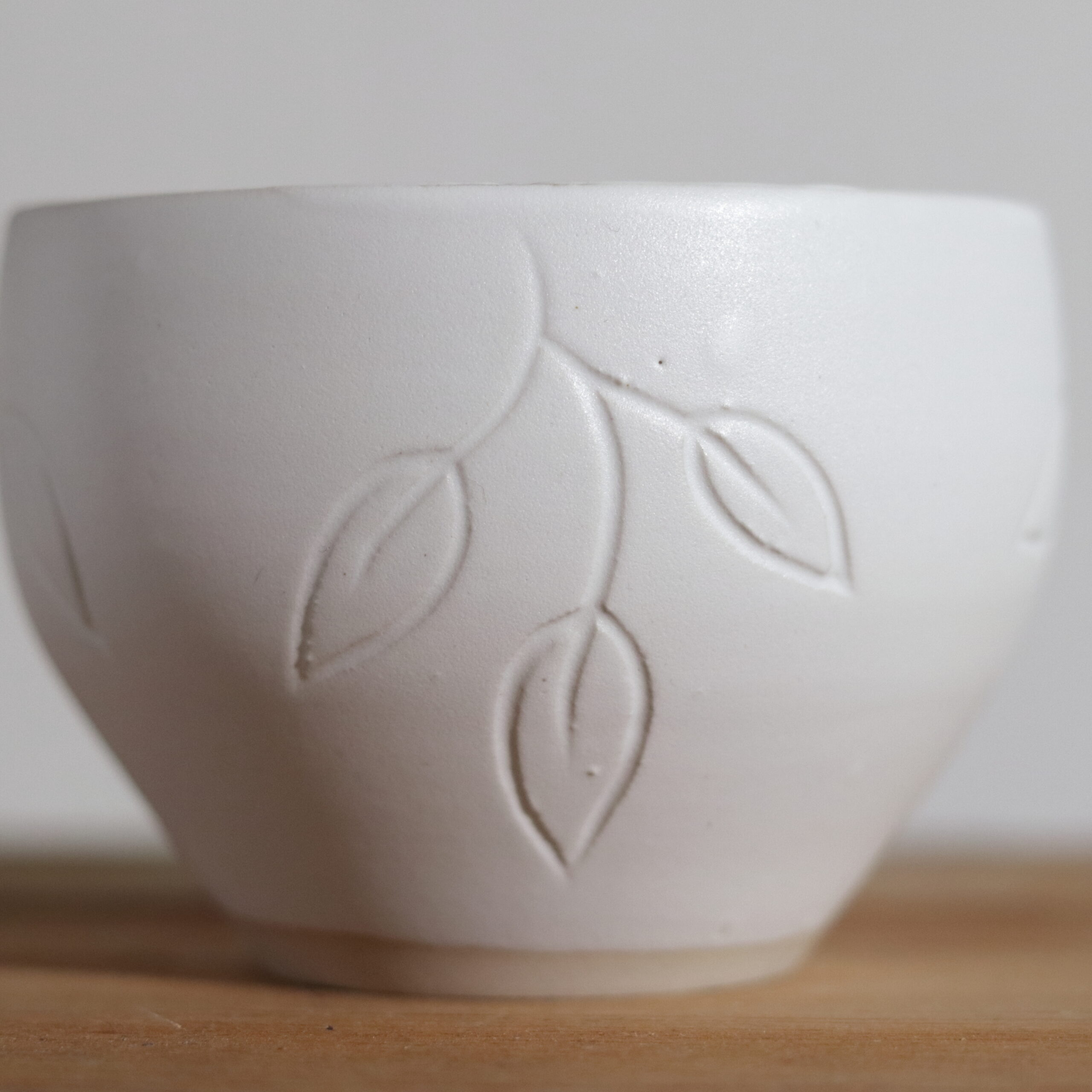 Matte white bowl with hanging leaves